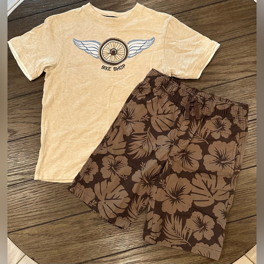 Gymboree Bike Shop Beige Graphic Tee and Brown Floral Pull On Shorts Set Size 10